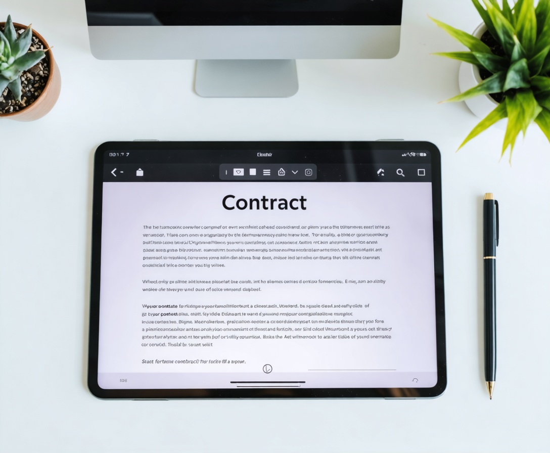 Ein Tablet mit einem digitalen Vertrag auf einem aufgeräumten Schreibtisch