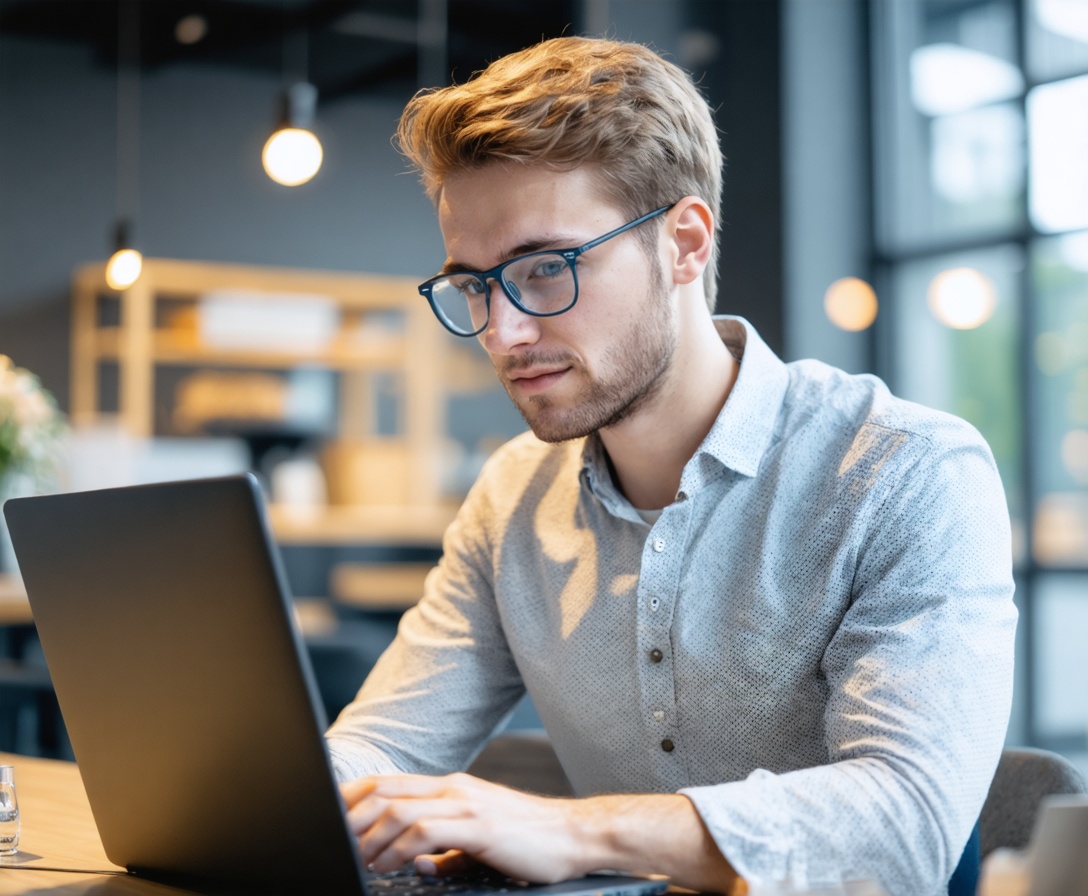 Ein junger Entwickler arbeitet konzentriert an einem Laptop in einem modernen Büro